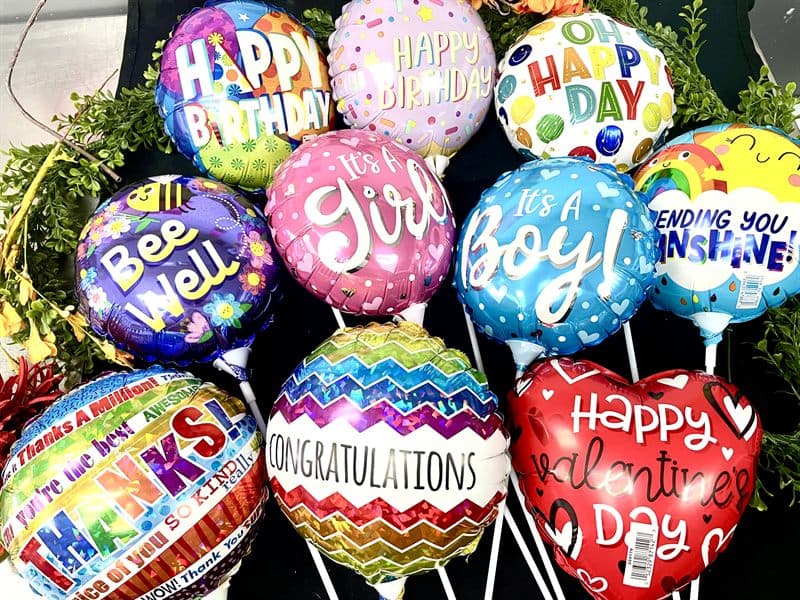 A bunch of celebration balloons for birthdays, congratulations, and new arrivals.